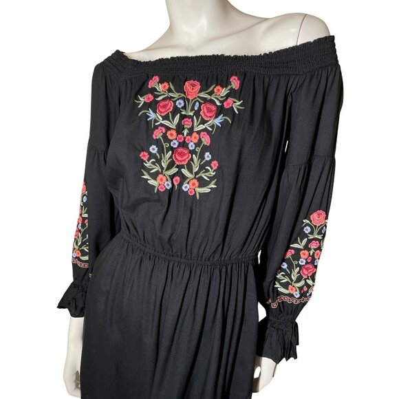 Hollister Medium Black Mini Dress With Floral Embroidery & Elastic Waist Bell Sl - Picture 1 of 16